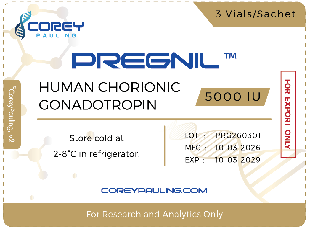 Pregnil human chorionic gonadotropin 5000 IU sachet label, 3 vials per sachet